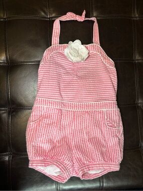 Janie and Jack Pink Seersucker Halter Romper Girls Size 4 Summer Boutique Style